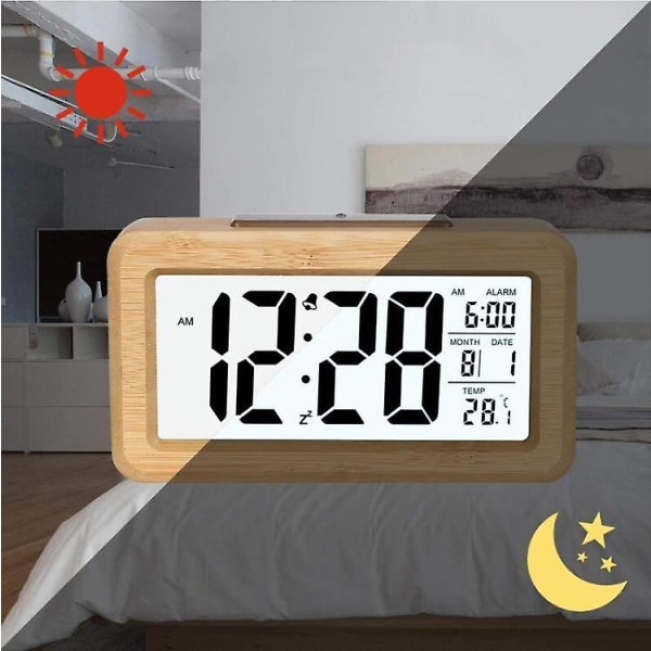 Enkeltsett bambus digital vekkerklokke med temperatur, dato, bakgrunnsbelysning, slumre, for soverom, nattbord, hjem, kontor