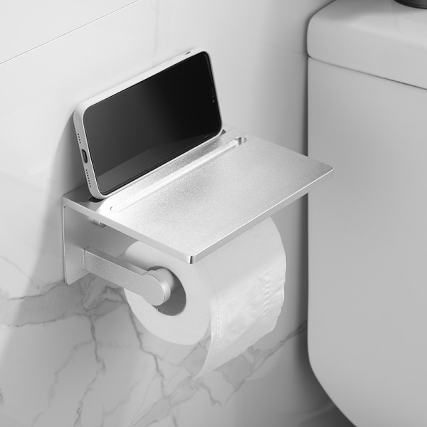 Smarthome Toalettpappershållare med hylla, rullautomat i aluminium med förvaringshylla för mobiltelefon för badrum, 3M självhäftande eller väggmonterad