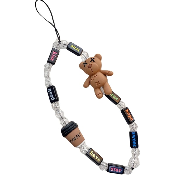 Mobiltelefon sjarm tegneserie bjørn perler telefonsnor Håndlaget håndleddsstropp Brun telefon tilbehør Bokstaver armbånd smykker gave