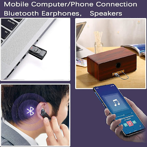 USB Bluetooth 5.0 med 3,5 mm AUX 4-i-1 Trådløs Lydtransmitter Modtager Adapter til TV/Hjemmeaudiosystem