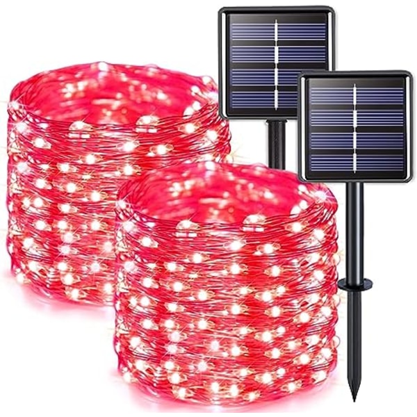2 Pakke 100 LED Solar Valentine Lights, 39,4 fot Solar Røde Julelys Utendørs, 8 Modus Vanntett Rød Solar Fairy Lights for Christmas Hallow
