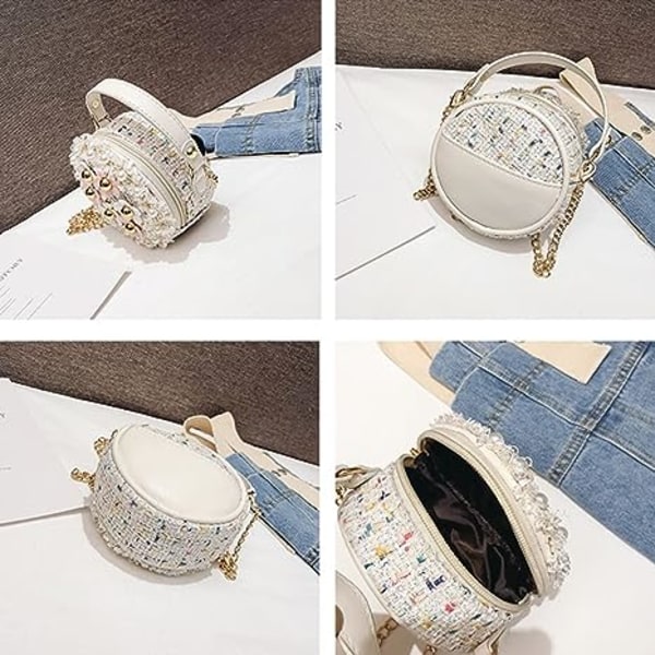 Lille pige toddler crossbody taske med perleblomster mini sød prinsesse tote strop taske, Hvid, rejsetaske