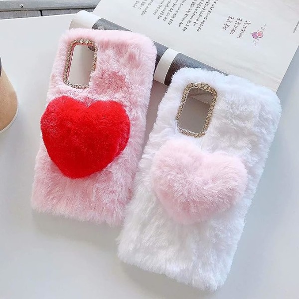 Kompatibel med iPhone 13 Pro Max Fuzzy Fluffy Etui for Kvinner Jenter 3D Søt Pels Plysj Hjerte Bling Diamant Sløyfe Varm Glatt Pels Hår Design Myk Gummi