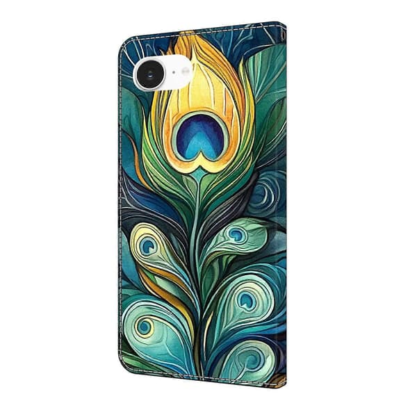 För iPhone 16e Läderfodral Mönstertryck Plånboksställ Flip Telefonfodral Green Feathers