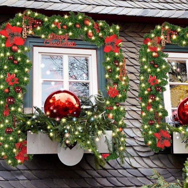 Grankrans Dekoration, Julkrans Med Klot Blomsterkrans Boll Med Led Ljus För Framdörr 270cm (röd)