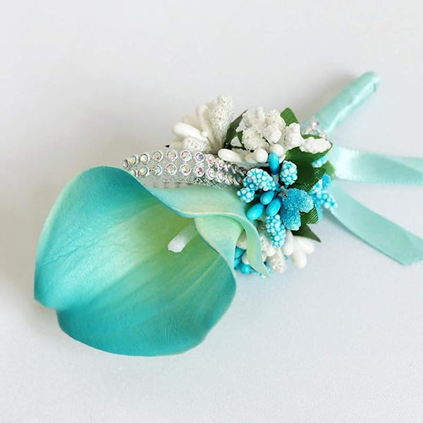 Calla Lily Blå Boutonniere Håndlaget Silkeblomst med Bånd Corsage for Brud Grooms Bryllup Fest 6 Pakker