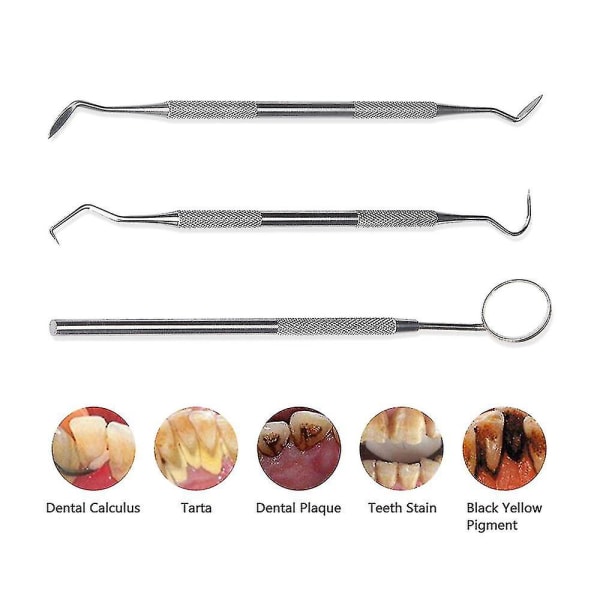 3 kpl työkaluja hammashoitoon ja suuhygieniaan, ruostumattomasta teräksestä valmistettu hammaspeilianturi