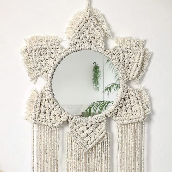 Macrame väggbonad - Boho dekorativ väggspegel med tofsar, handgjord vävd väggdekor