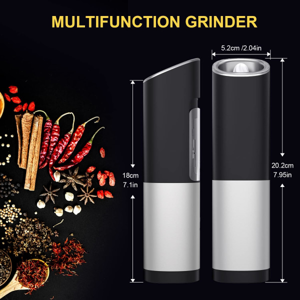 Electric Salt and Pepper Grinder Set Automatic Pepper Mill Grinder Adjustable Coarseness, Battery Operated Stainless Steel Pepper Mill with Light (Bat