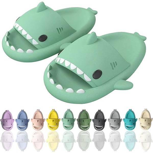 Tecknade hajtofflor, halkfria tjocksulade strandtofflor, snabbtorkande roliga pooltofflor Matcha green 46/47