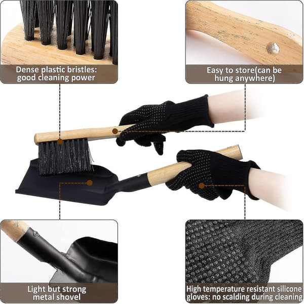 Eldstadsaskespade och borste set - Uppgraderad metallspade och eldstadsborste set Stora eldstad verktyg