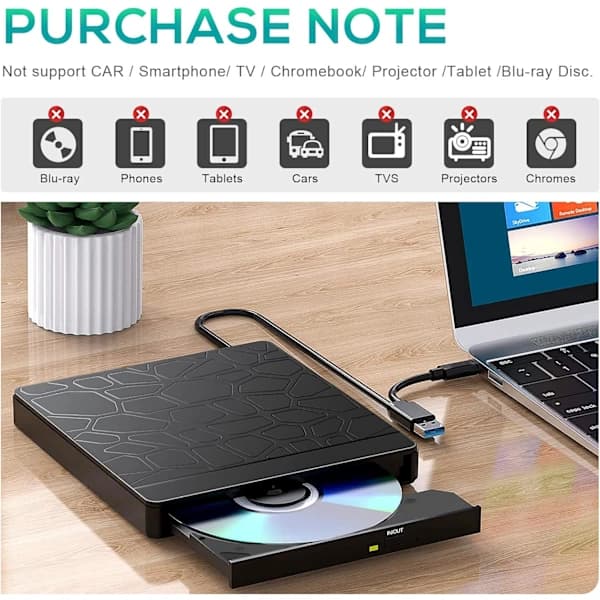 Ekstern CD/DVD-drev til Windows 11/10 bærbare computere, bærbar CD/DVD +/-RW ROM-drev med USB 3.0 og Type-C interface.