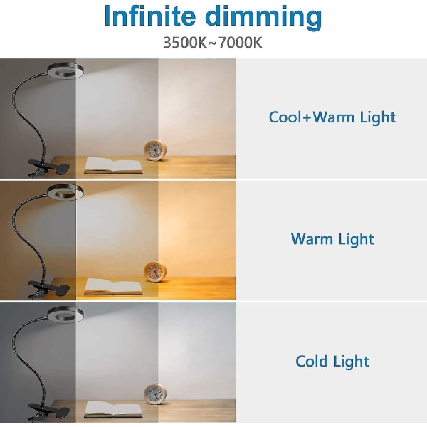 Klemmelampe for lesing, USB-bordlampe, 8 W, 3 fargetemperaturer, LED-klemmelampe, klemmelampe for seng