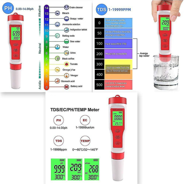 2020 Ny Tds Ph-Meter, Ph/tds/ec/temperatur Ledningsmåler, Høy Nøyaktighet Automatisk Kalibrering, Digital For Svømmebassenger Drikkevann Akvarier