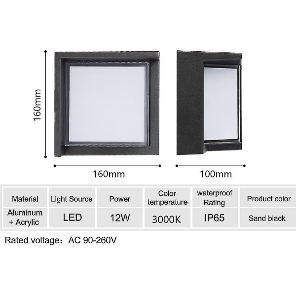 Vintervarm LED-vegglampe - t543 firkant 12w (varm hvit)