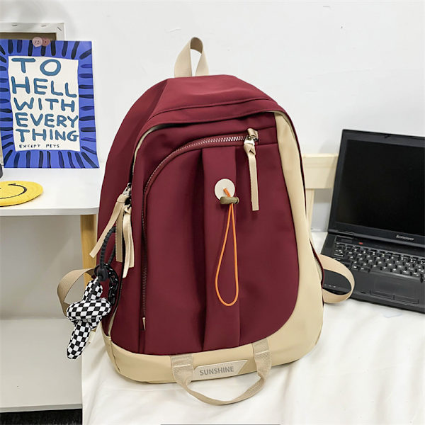 Uusi trendi suuri kapasiteetti korkeakouluopiskelijan reppu naispuolinen keskikoulun opiskelijan reppu Wine Red + Twist Knot Pendant
