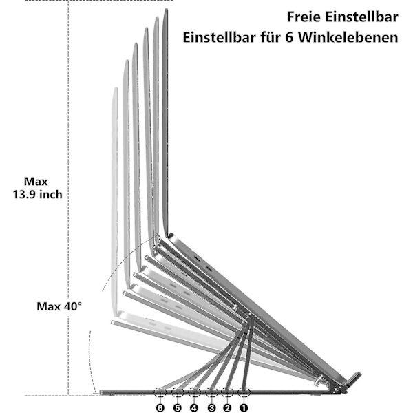 Laptopstativ, 6 vinklar justerbart ventilerat aluminium laptopstativ, ergonomiskt hopfällbart knä