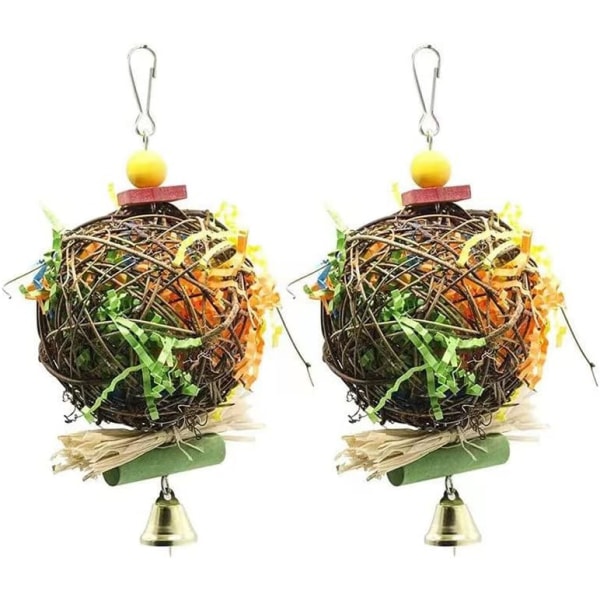 Papegojbur Rivna Pappersleksaker, Fågeltuggleksaker, Rotangboll Borstad Gräs Nibbling Ball Foraging Toys, Foraging Hängande Leksaker för Nymfparakiter 2-pack