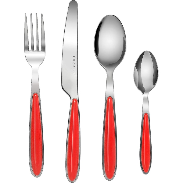 Bestikksett med 24, rustfritt stål med fargehåndtak - 6 gafler, 6 middagskniver, 6 middagsskjeer, 6 teskjeer - Ex07 (rød X 24)