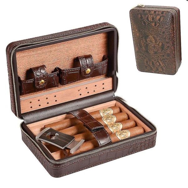 Ctmw Leather Travel Cigar Humidor Case, bærbart sedertre med luftfukter Luftfukter for 4 sigarer