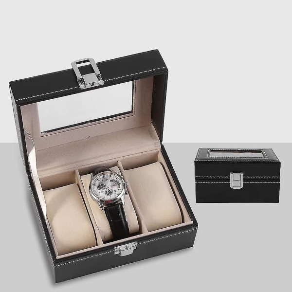Klokkeboks, 3 spor Pu Leather Black Classic Watch Smykker Display Lagring Organizer