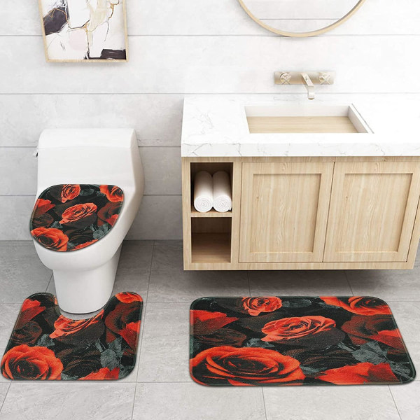 4 uppsättningar av alla hjärtans dag duschdraperier med matta, halkfri matta, cover, duschmatta, romantisk 3D rosa röd duschdraperi med