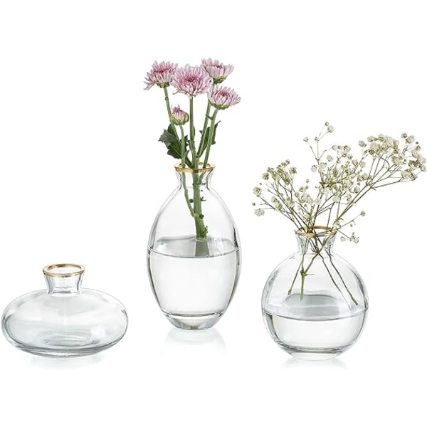 Kultareunuksinen lasisilmumaljakko, 3 kpl / set Modernit koristeelliset pienet minikukkamaljakot Lyhyet minimalistiset esteettiset kodinsisustus Vintage söpöt käsintehdyt pienet häät