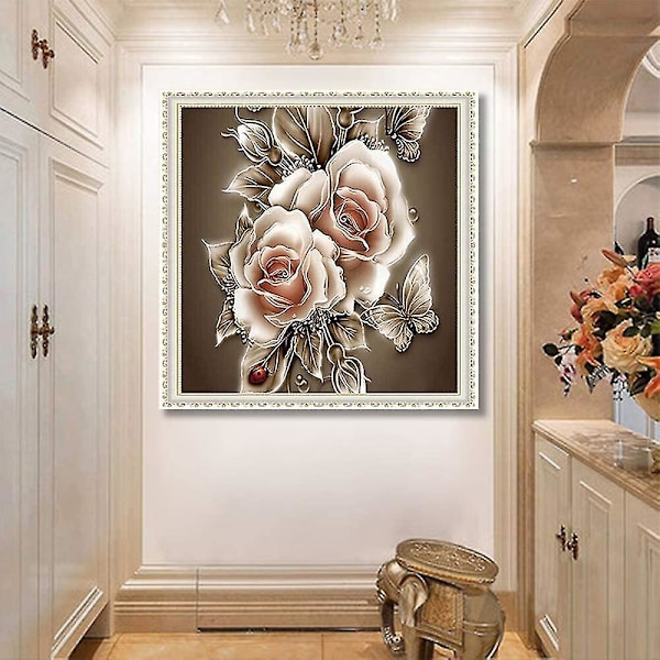 5D Diamantmålning Kit, DIY 5D Fjäril Ros Blomma Full Borr Krystall Rhinestone Målning Diamant Broderi Målningar För Vägg