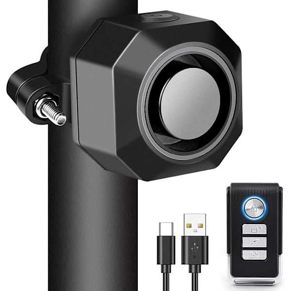 Pyörän hälytin telineellä, USB-ladattava langaton varkaudenestovärähtelyhälytin, 110 dB äänenvoimakkuus ja herkkyyden säädettävä anturi varkausjärjestelmä kaukosäätimellä