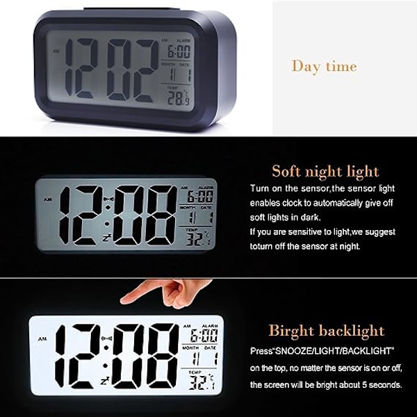 Dekorativ Digital Klocka, Multifunktionell LCD Elektronisk Klocka med Stor Skärm Batteridriven, Bakgrundsbelysning Sensor Touch LED Väckarklocka med Tid Temperatur