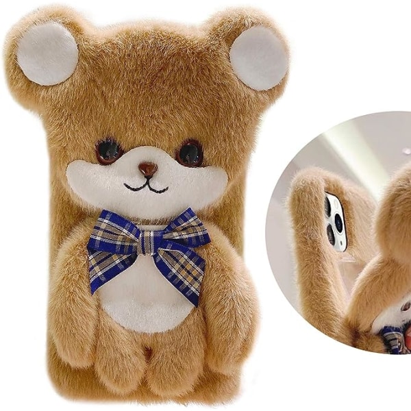 Kompatibel med iPhone 13 Pro Max Fuzzy Plush Case Søt 3D Morsom Tegneserie Bjørn Håndlaget Fluffy Pels Pels Sløyfe Vinter Varm Glatt for Kvinner Jente Myk