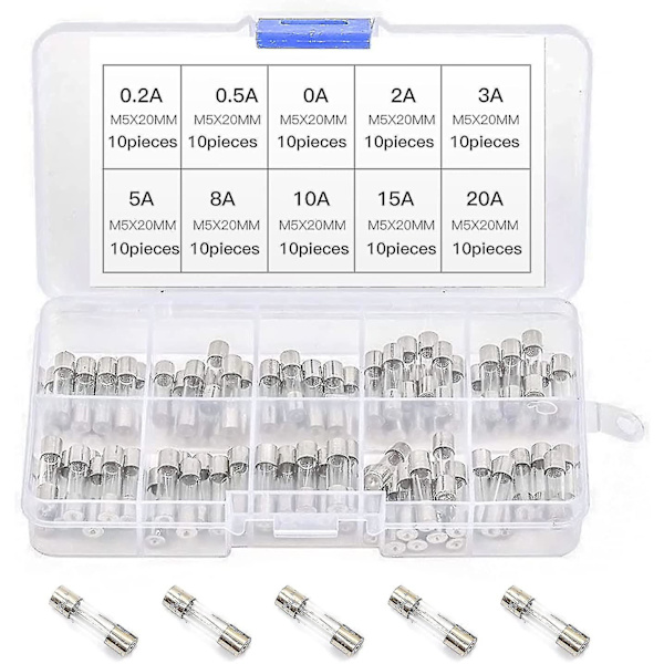 100 stk. Fine Fuse Glass Fuse Glass Tube Fuses 0.2a-20a Amp Assorteret Kit Med Opbevaringsboks 5 X 20mm Assorteret Boks