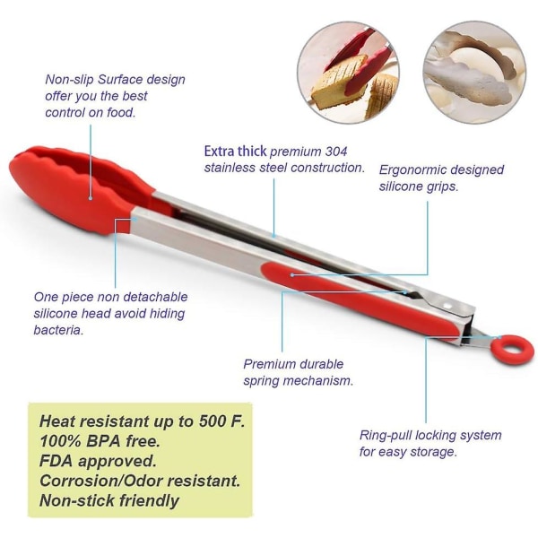 Sæt med 2 Køkken Tænger - 9-Tommer & 12-Tommer, Premium Rustfrit Stål med BPA-Fri Silikon, Non-Stick Grillning Barbeque Madlavning Mad Tænger, Rød