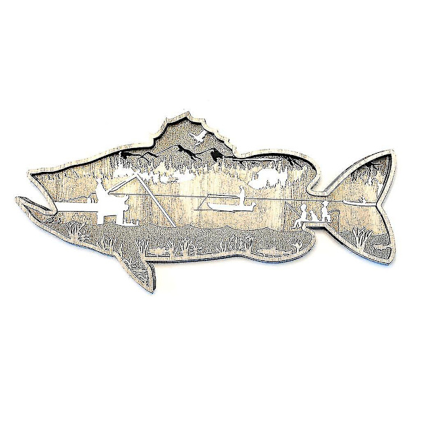 Träskulptur av fisk, väggdekoration, havsabborre, lax, prydnader