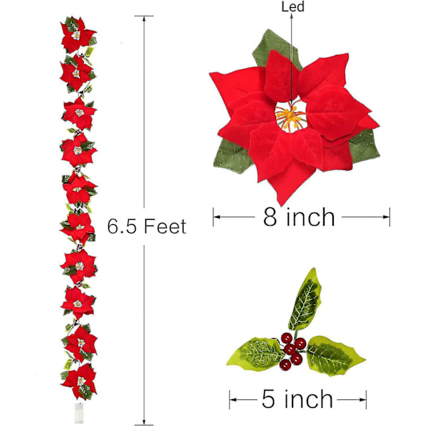 6,5 fot ljusslinga med julstjärnor, röda bär och järneksblad, förbelyst sammetsgirlang med konstgjorda julstjärnor för julen