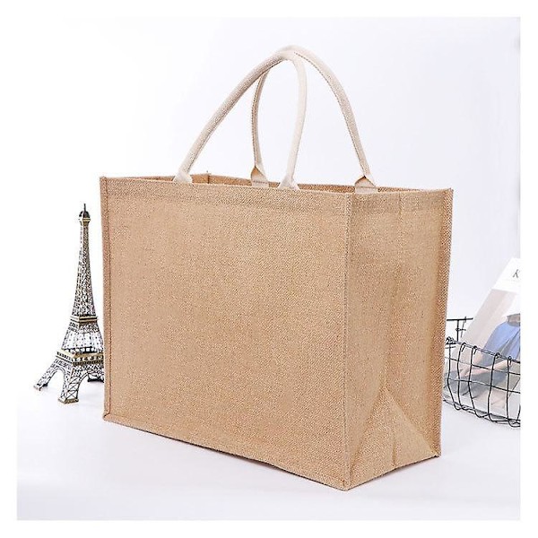 Naturlig Jutepose, Foldbar Indkøbspose, Genanvendelig Indkøbspose, Almindelig Naturlig Tote Bag, Strandtaske, til