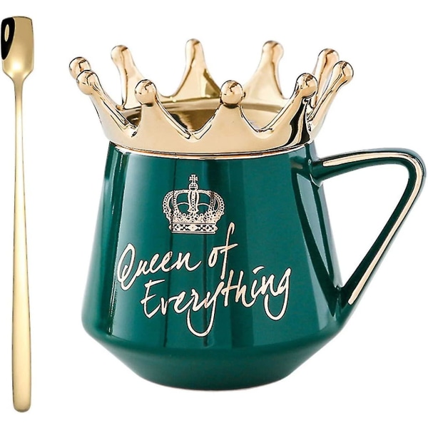 Creative Crown Keramisk kaffekopp med deksel skje Big Belly Milk Tea Cup Krus Personlig gave (grønn)