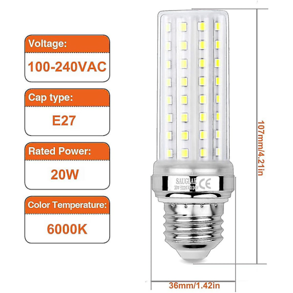 20W LED Maislys, 150W Ekvivalent Glødelampe, 6000K Kald Hvit, E27 Edison Skrue Lyspærer, 3 Stykker