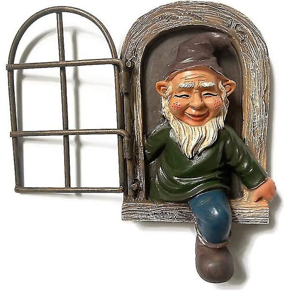 Nisse Statue Resin Havevindue, Havedekoration Nisse Ud Af Døren Træknuser Statue De