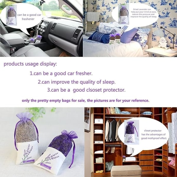 Sachet-poser i mesh, lavendel, lin, organza, gasbind, gaveposer, sekker for lavendel, krydder og urter (12 lilla poser med snor)
