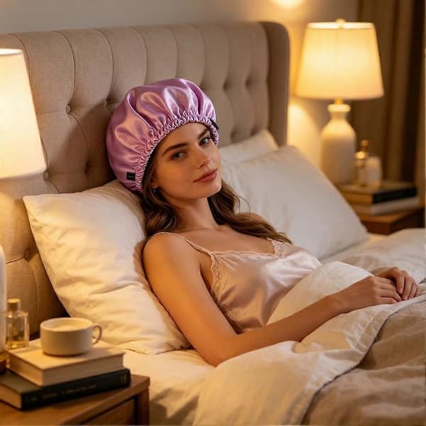 Sovehætte til kvinder, justerbar elastisk sovehætte, dobbeltlags hårpleje til krøllet langt hår Red