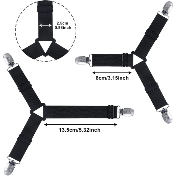 Trekantede Senglaken Klipser 4 stk. Sett Justerbare Senglaken Festemidler med Elastiske Senglaken Stropper Tilpassede Klipser for Senglaken Sofa Pute - Svart