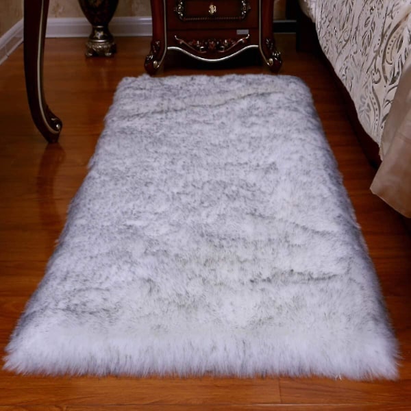 Fuzzy Pels Teppe Shaggy Saueskinn Område Lite teppe for soverom Fuzzy Teppe For Stue 2x3 Ft, Hvit med grå topp