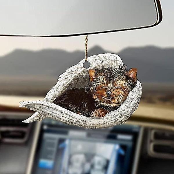 Yorkshire Terrier Sleeping Angel Hanging Printed Plastic Inch Ornament For Interior Mirror Car, Christmas Tree, Shelf, Holiday Dec