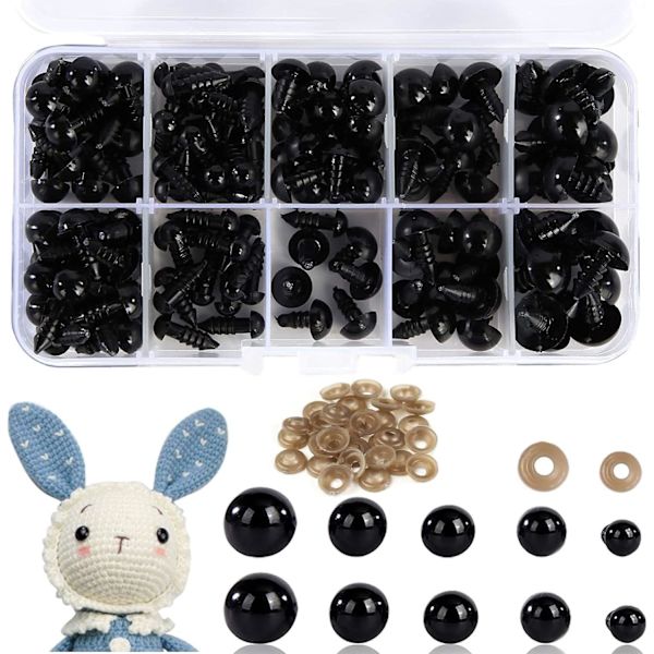 Säkerhetsögon Leksaksögon Plast Säkerhetsögon med bricka för Tcrochet Leksaker, 100PCS Hantverksögon Dockögon för Mjuk Leksakstillverkning, DIY Hantverksdockor (6-12 mm)