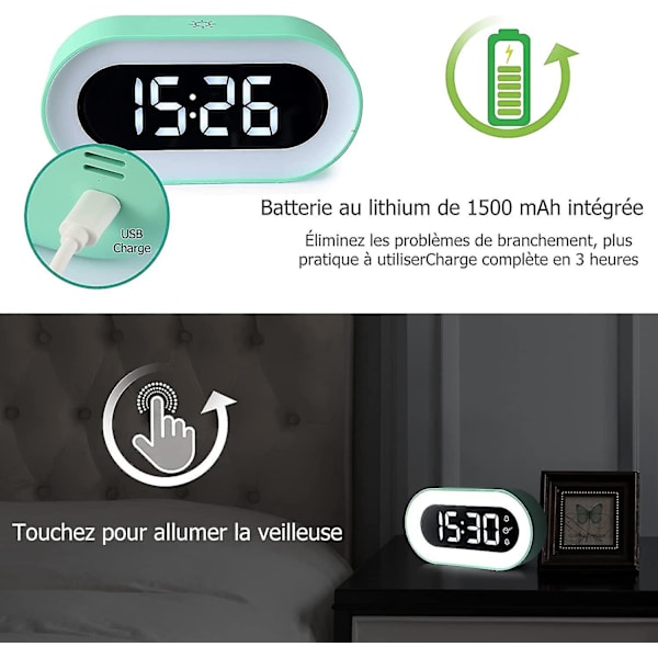 Led Digital Nattelys Vækkeur, Indbygget 1500ma Lithiumbatterier, Usb-oplader