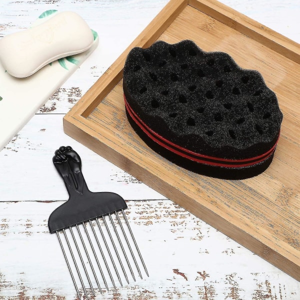 2 kpl hiussieniharja ja afrokampa, musta Twist sieniharja Twist Wave parturityökalu ja metallinen hiuskampa kotiparturille