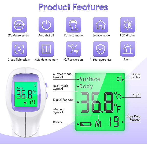 Etulämpömittari, kosketukseton lämpömittari LCD-näytöllä, infrapuna etupuolella