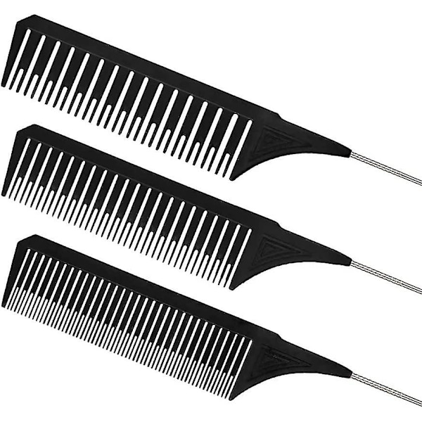 3 storlekar Premium Highlighter Kam Set Professionell Flätad Styling W/ Rat Tail Kam (svart)