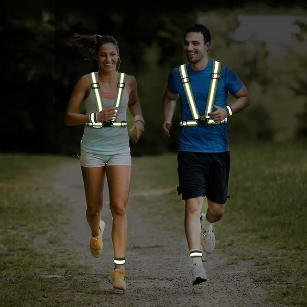 Reflexväst för löpning 2 delar, med 4 reflekterande bälten, justerbar säkerhetsväst, reflextejp med hög synlighet för nattlöpning, utomhuscykling, mot